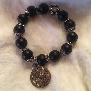 HAND CRAFTED  BLACK BEAD ROSE CHARM BRACELET